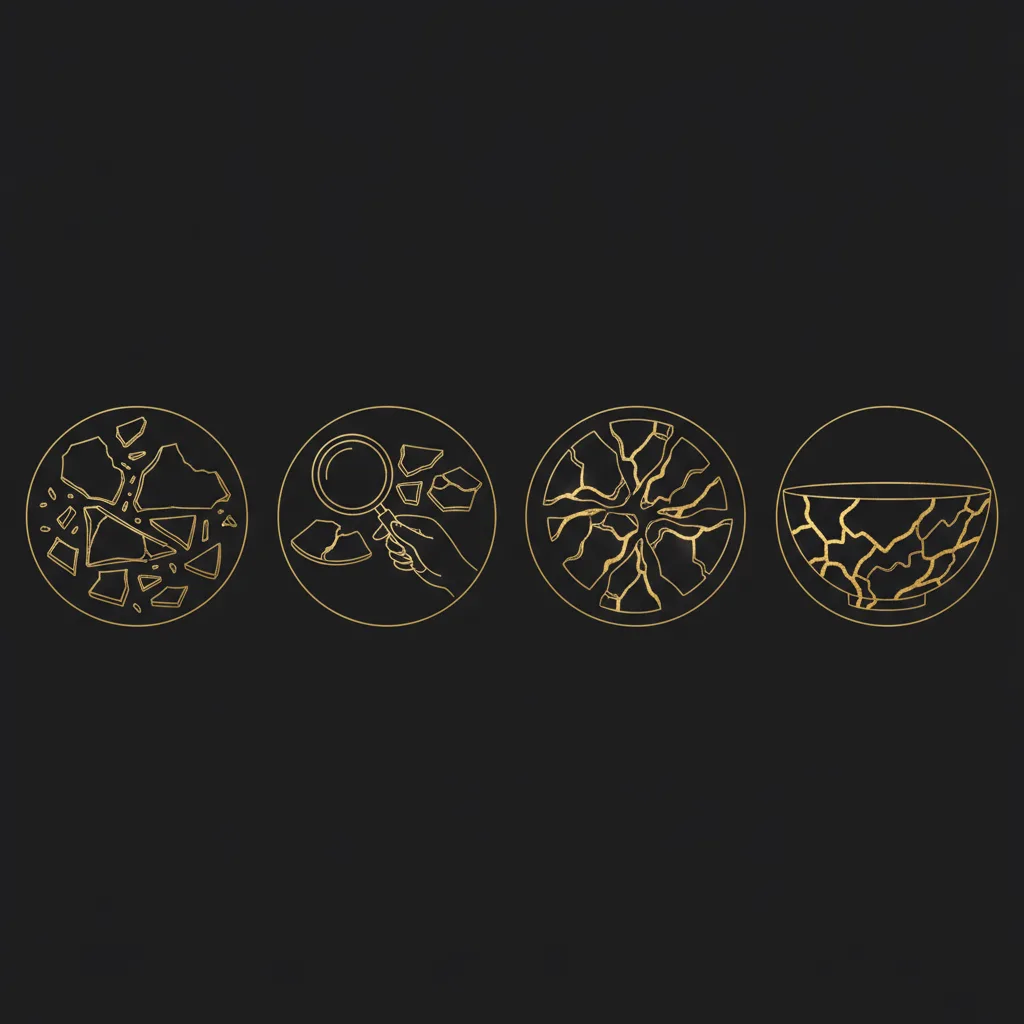 Elegant gold-line illustration on a near-black background showing the four stages of a kintsugi repair in sequence: a broken ceramic bowl, careful assessment of the fragments, mending the break with gold lacquer, and the finished bowl gleaming with gold seams